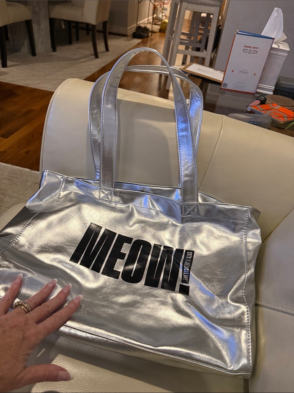 Silver MEOW Metallic Tote Bag - Cats the Musical Jellicle Ball Fashion Carryall